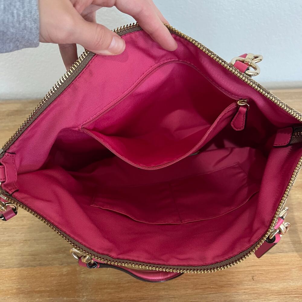 Coach Signature Logo Print Kelsey Bag Purse Canvas Brown Pink Gold Hardware - Picture 9 of 15